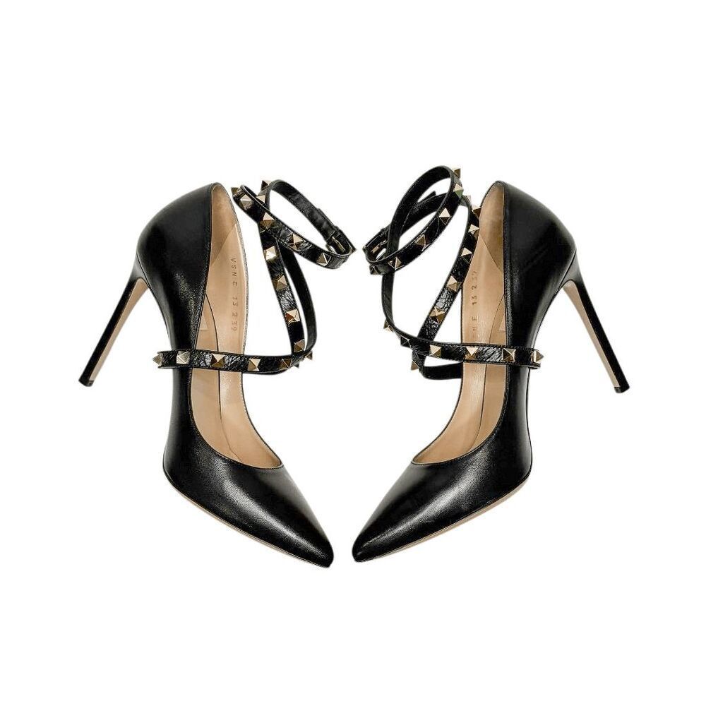 Valentino Garavani Rockstud Ankle Strap Black Leather Pumps EU 39 Studded Heels